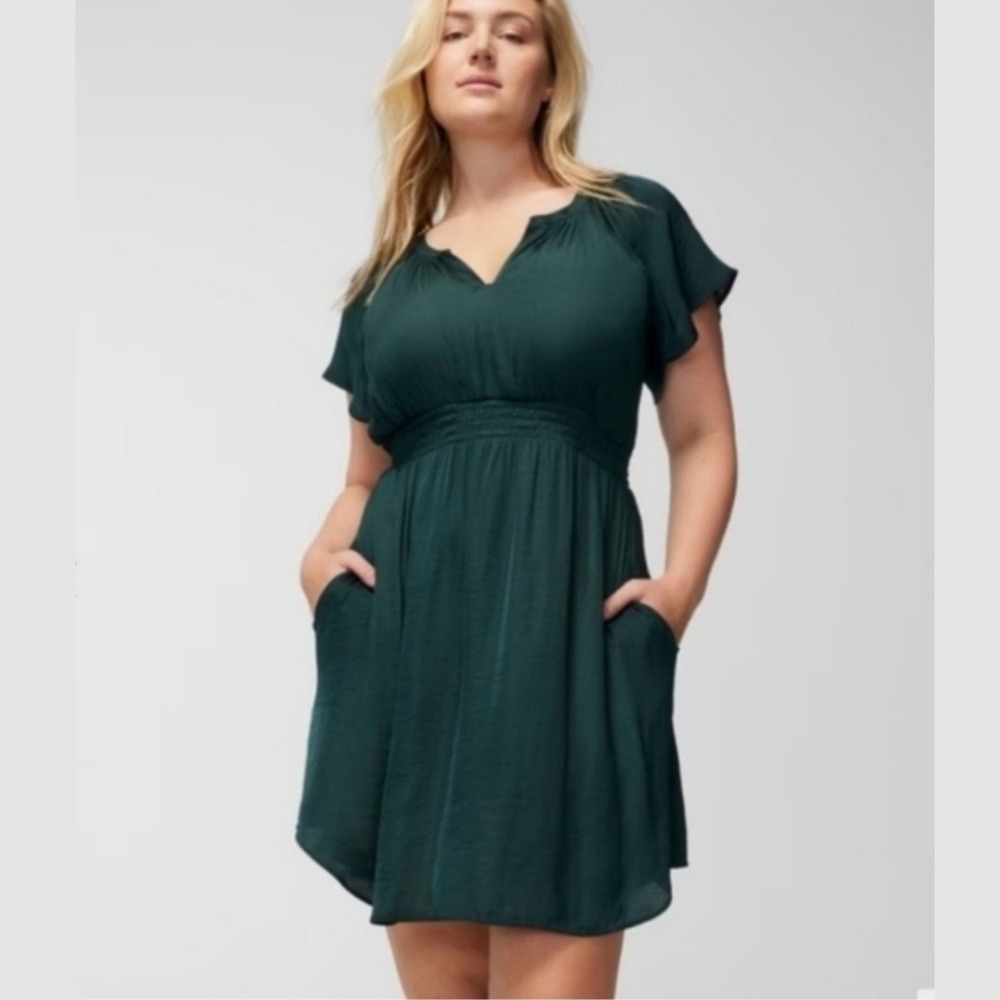 SOMA Green Satin Smocked Waist Short Sleeve Dress with Built in Bra Cami Size L